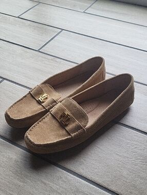 Ralph Lauren Tan Suede Loafers with Gold RL Accent